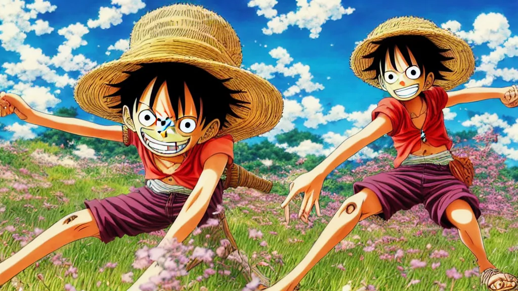 Image similar to luffy in highly detailed manga spread combination of art styles depicting an impactful action scene on open meadow clear sky at noon with expert design fictional characters, dynamic art by sakimi, bright colors, moebius, makoto shinkai, murata, james jean, craig mullins, digital painting, masterpiece, best selling, pixiv, volumetric lighting, realistic shaded lighting, 8 k