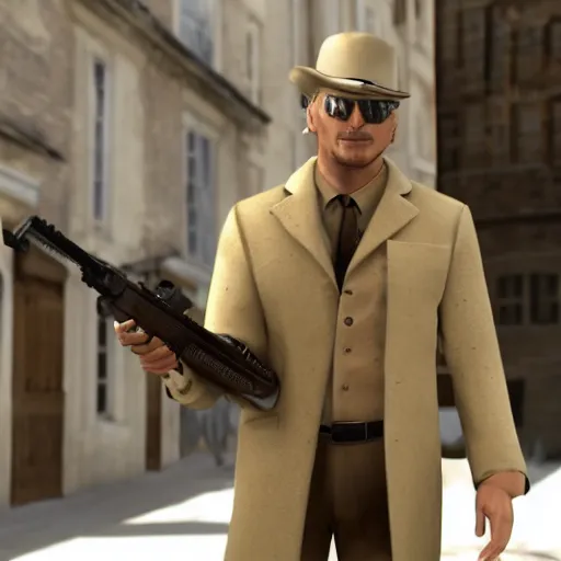 Prompt: sweating blonde Viktor Reznov from Call of Duty: World at War with a beige coat as The American Psycho, a blonde goatee, short hair, beige fedora, and sunglasses, holding a wooden sniper rifle, photorealistic, dramatic lighting, establishing shot, The American Psycho film still