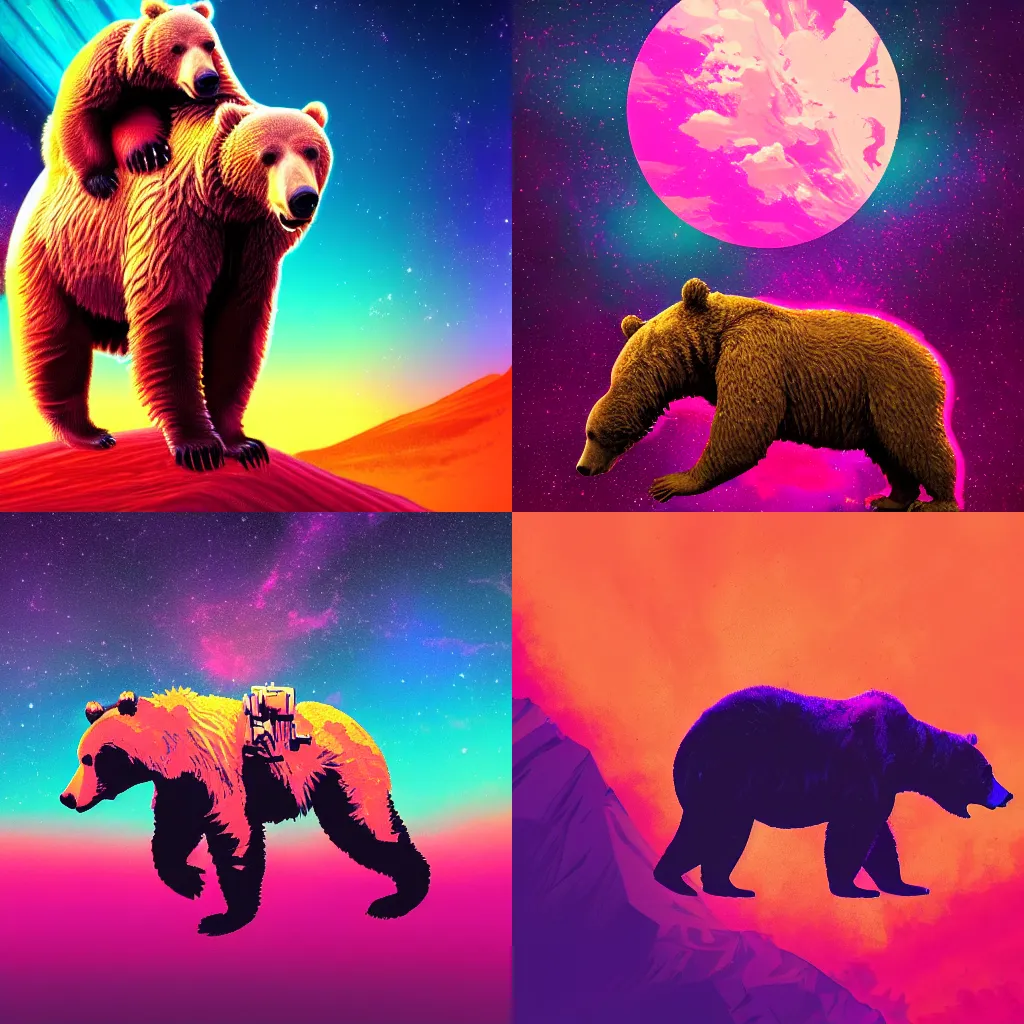 Prompt: An astronaut riding a grizzly bear in the style of synthwave, digital art