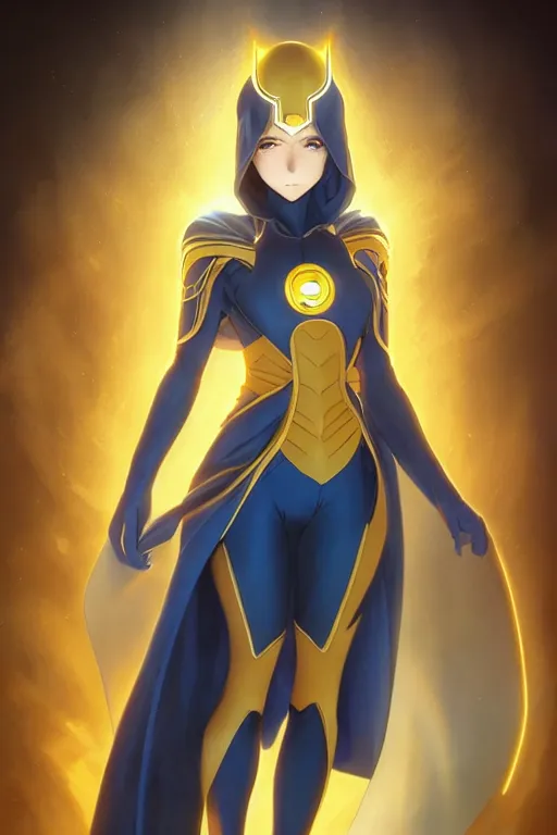 Image similar to anime key visual of a beautiful young female doctor fate!! intricate, cape, glowing, powers, dc comics, cinematic, stunning, highly detailed, digital painting, artstation, smooth, hard focus, illustration, art by artgerm and greg rutkowski and alphonse mucha