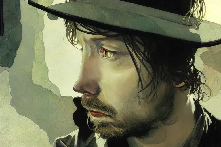 Prompt: hyper realistic portrait of thom yorke singer songwriter ok computer, side, liminal space, by lee bermejo, alphonse mucha and greg rutkowski