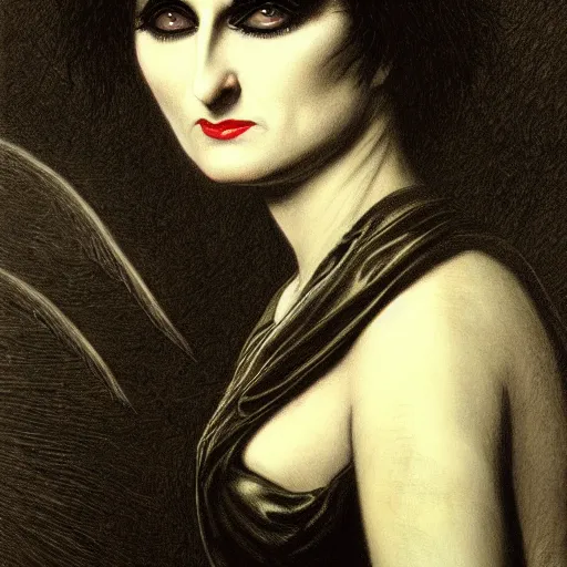 Image similar to siouxsie sioux, creepy atmosphere, dark, portrait, realistic, very realistic, illustration by gustave dore