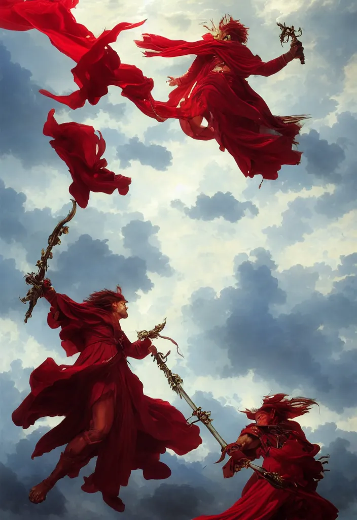 Image similar to A boisterous Red Mage wearing striped shining armor holding a staff of power surrounded by an epic cloudscape. The Magus Omega . Red Wizard. Morpheus. masterpiece. 4k digital illustration. by Ruan Jia and Artgerm and Andreas Rocha and William-Adolphe Bouguereau and Edmund Blair Leighton. award winning, Artstation, intricate details, realistic, Hyperdetailed, 8k resolution. Concept Painting. Key Art