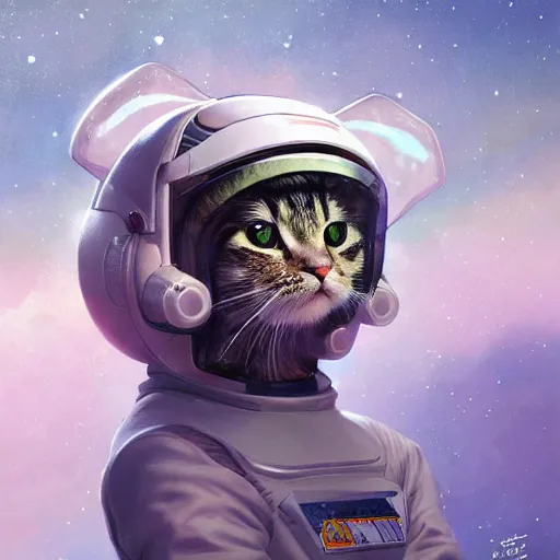 Image similar to head and shoulders masterpiece portrait of a cute adorable cat wearing a spacesuit, surreal background, digital art by krenz cushart,, moebius, greg rutkowski, zabrocki, karlkka, jayison devadas, phuoc quan, trending on artstation, 8 k, cgsociety,