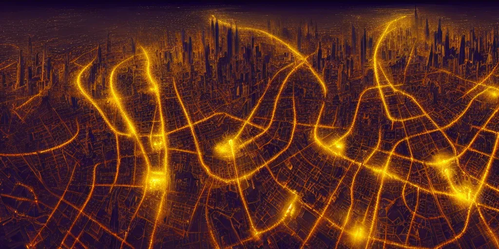 Image similar to magical city of the Great Tartarian Empire adorned with amazing lost technology, lights resembling fireflies, spires from rooftops collecting and distributing etheric energy, cityscape seen at night from above, combining intense detail & utmost quality, very complex, very coherent, bioluminiscent creatures by Christian Hecker, Artstation, - H 832