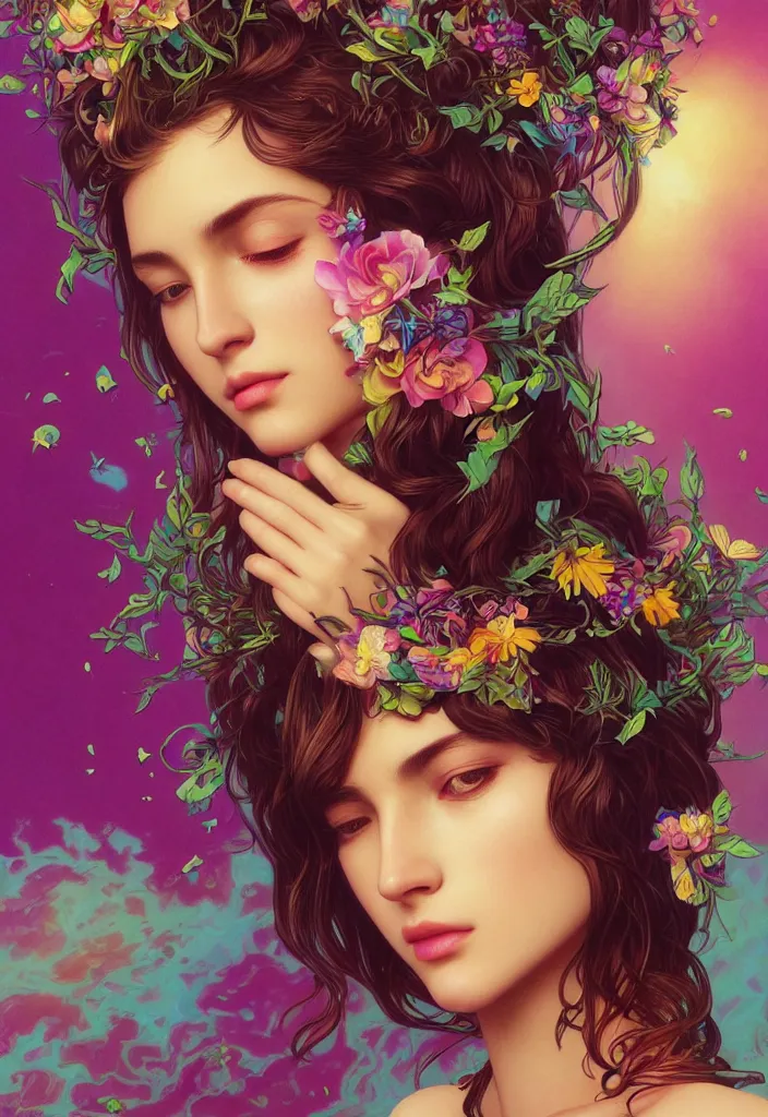 Image similar to beautiful, young woman, detailed gorgeous face, vaporwave aesthetic, synthwave, colorful, psychedelic, artstation, concept art, smooth, extremely sharp detail, thorn crown, flowers, bees, finely tuned detail, ultra high definition, 8 k, unreal engine 5, ultra sharp focus, illustration, art by artgerm, greg rutkowski and alphonse mucha