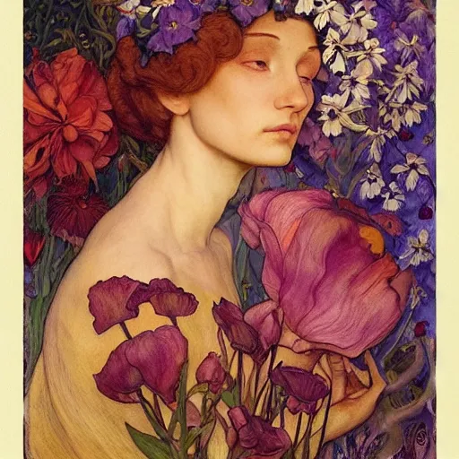 Image similar to flower queen, by annie swynnerton and charlie bowater and tino rodriguez and nicholas roerich and jean delville and evelyn de morgan and lucien freud, dramatic lighting, floral tattoos, rich colors, smooth sharp focus, extremely detailed, adolf wolfli