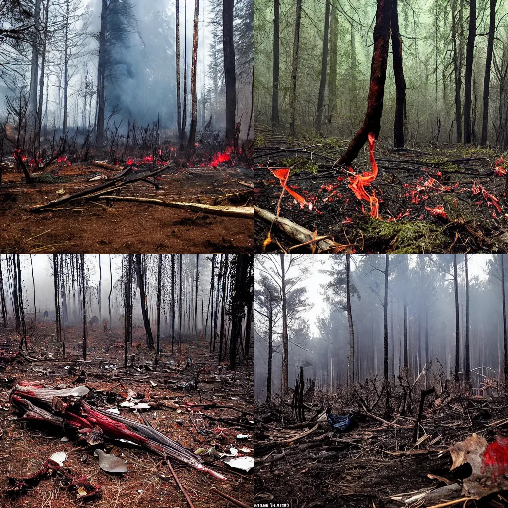 Prompt: The forest is littered with destruction, bodies and gore. Red, blue and brown are the new colors of what was once a serene, luscious forest, which has now become the stage of a long, destructive battle. The air which would normally be filled with the scent of food from a nearby town is now carrying a thick, black smoke and small embers, something no survivor will ever forget. An army and a rebellion fight each other for independance, but it's starting to become clear which side will win. The wounded of the losing side are spread around the forest and the faces of the fighters are grim with despair and the certainty of death, but they force themselves to fight nonetheless. With a certainty of victory the winning side pushes on and on. Some have succumbed to bloodlust and are frantically killing any enemy in sight, while others just wish all this was over. The toll on both nature and humanity is heavy. It'll likely take years before this forest will have recovered. It's clear explosion holes, debris and lost bombs have taken the place of plants, flowers and trees.