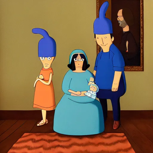 Prompt: oil painting of bobs burgers belcher family by vermeer