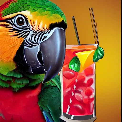 Prompt: A portrait photo of a parrot sipping a fruity drink through a straw very convincing