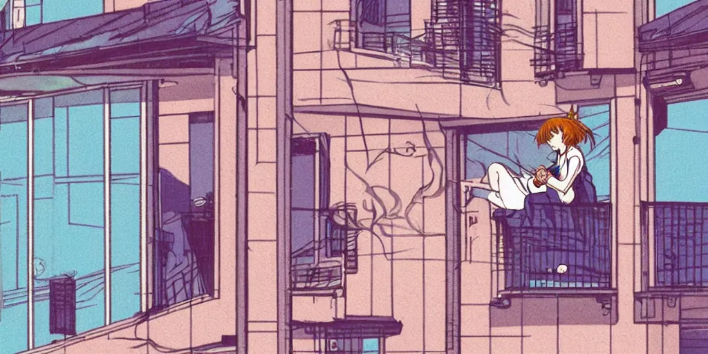 Prompt: woman having a smoke on her balcony in paris, sprite, vaporwave nostalgia, directed by beat takeshi, visual novel cg, 8 0 s anime vibe, kimagure orange road, maison ikkoku, sketch by osamu tezuka, directed by makoto shinkai and beat takeshi