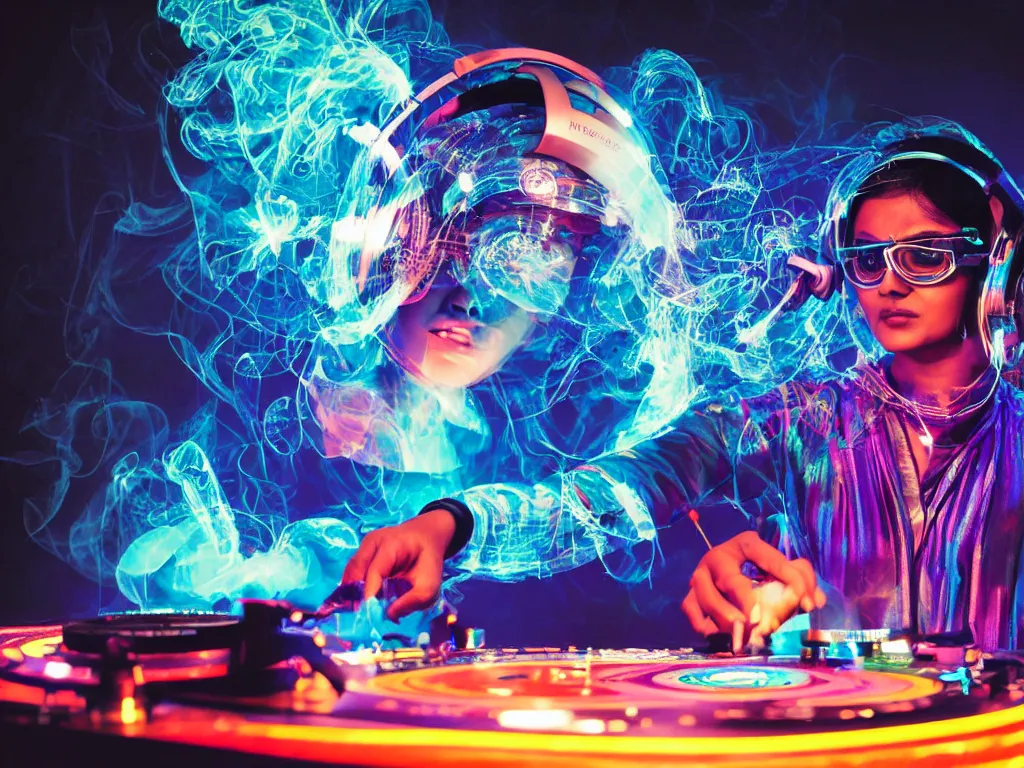 Prompt: an indian woman wearing goggles and visor and headphones using a retro record player contraption, hologram, turntablism dj scratching, screens, smoky atmosphere, intricate planetary gears, cinematic, imax, sharp focus, leds, bokeh, iridescent, black light, fog machine, hazy, lasers, hyper color digital art