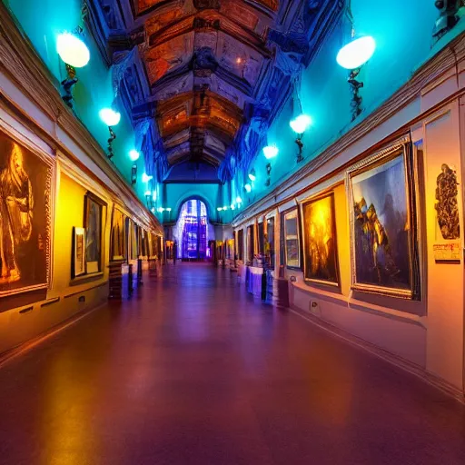 Image similar to detailed, deep depth of field, colourful lightning, history museum hall with statues and paintings, dark academia aesthetics, mood light, blue