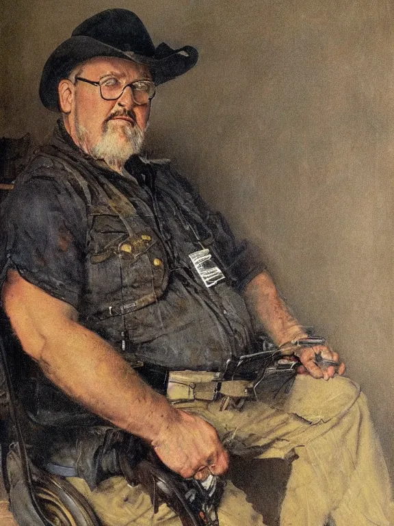 Image similar to portrait of orson scott card seated, in a style blend of norman rockwell and frederick remington and mort kunstler, oil painting, volumetric lighting, intricate details