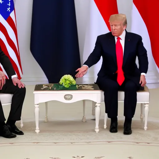 Image similar to biden and putin playing rock paper scissors in a box ring, trump is the referee