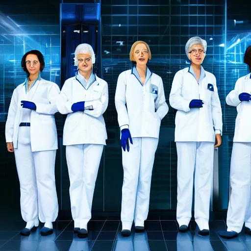 Image similar to line of six women of varying heights and body shapes, white hair, tight light blue neopren space uniforms, futuristic chemistry lab, sci - fi, highly detailed, cinematic