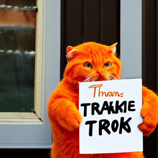 Image similar to orange cat holding a sign that says