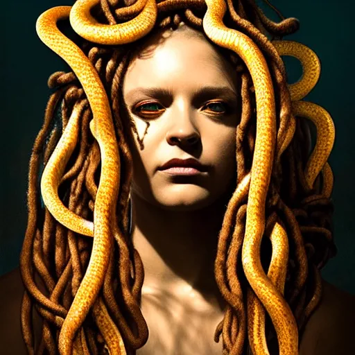 Image similar to seductive medusa with snakes as dreadlocks portrait, mysterious atmospheric lighting, painted, intricate, volumetric lighting, beautiful, menacing, rich deep colours masterpiece, golden hour, sharp focus, ultra detailed, by leesha hannigan, ross tran, thierry doizon, kai carpenter, ignacio fernandez rios