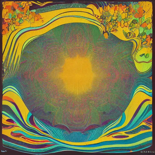 Image similar to a vintage album cover of a trippy lake surrounded by abstract flowers, an arch emerging from the water made of golden fabric, thin - film interference