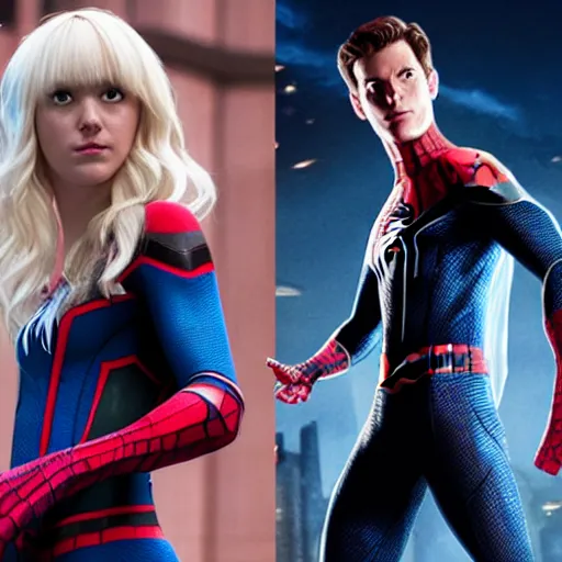 Image similar to Spider-Man stands next to Spider-Gwen, Marvel Cinematic Universe