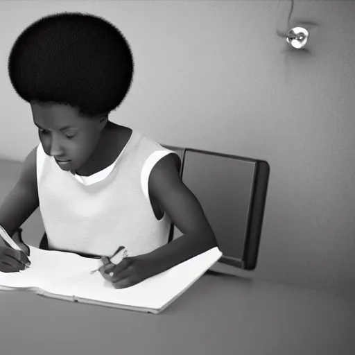 Image similar to a black boy with an afro hairstyle sits at the bench and writes something in a copybook with a pencil, the 9 0 s, garlem, black and white concept art