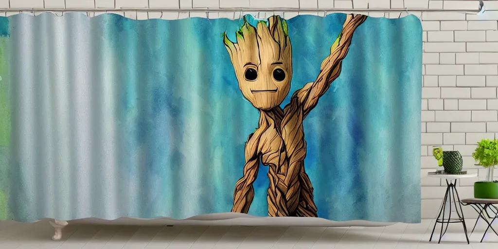 Prompt: shower curtain product catalog. wide - angle photo. on the curtain is a watercolor of the baby groot dancing. the water color has ink under drawing. wide - angle product photography of a shower curtain, product lighting. 4 k, highly detailed. saturated.