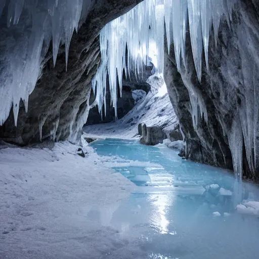 Prompt: ice cave with low ceiling and narrow rough river running through it, surreal, icicles,