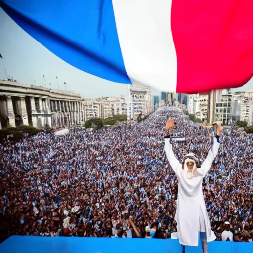 Image similar to Lady Gaga Argentina presidential rally, Argentine flags behind, bokeh, as Evita, epic photo, detailed, Argentina
