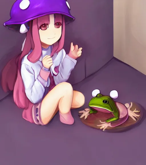 Image similar to a beautiful little girl wearing a mushroom hat sitting in her room petting a frog in her lap | | purple hair, pretty face, sharped details, in ryuuou no oshigoto art style, trending on pixiv