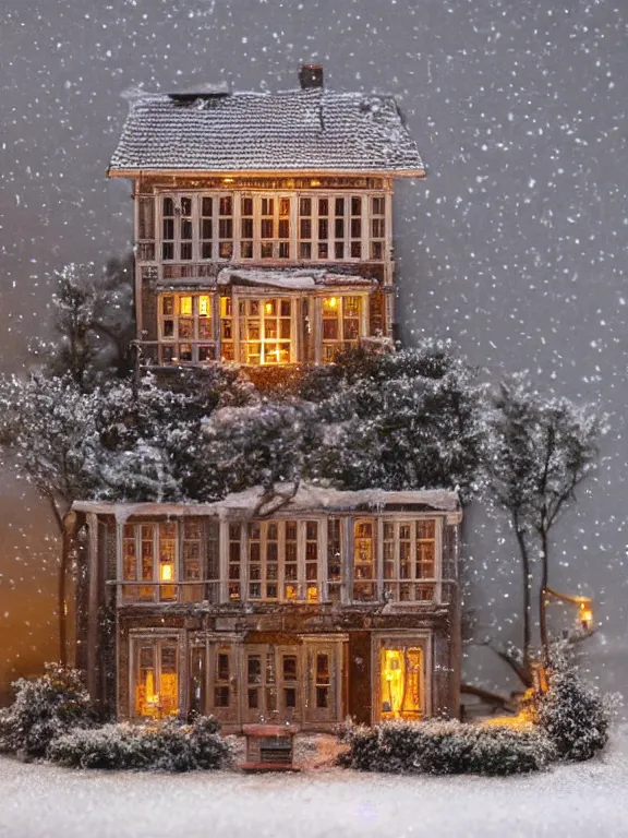 Prompt: very intricately detailed miniature diorama a soviet residential paneled building in soviet suburb, lights are on in the windows, dark night, soviet courtyard, cozy and peaceful atmosphere, fog, cold winter, snowing, streetlamps with orange light, several birches nearby, elderly man passing by, macro photography, soft light, detailed product photo