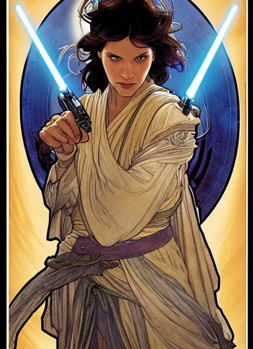 Prompt: movie poster by iain mccaig and magali villeneuve and drew struzan and alphonse mucha, a very beautiful!!!! woman jedi master, highly detailed. star wars original trilogy, she is about 2 0 years old, wearing jedi robes.