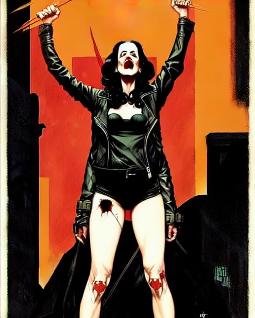 Image similar to Rafael Albuquerque comic cover art, Norman Rockwell, Joshua Middleton, pretty Eva Green vampire, sharp vampire teeth, sarcastic smile, symmetrical eyes, symmetrical face, brown leather jacket, jeans, long black hair, full body, building on fire, cool colors