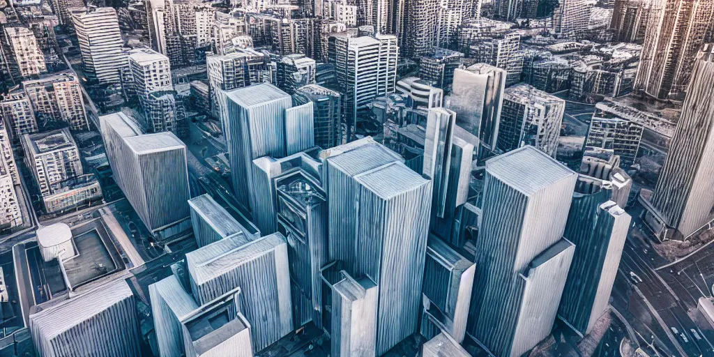 Image similar to drone view of a Brutalist architecture city with a large road through,sharp focus,telephoto lens,3D digital art 4k