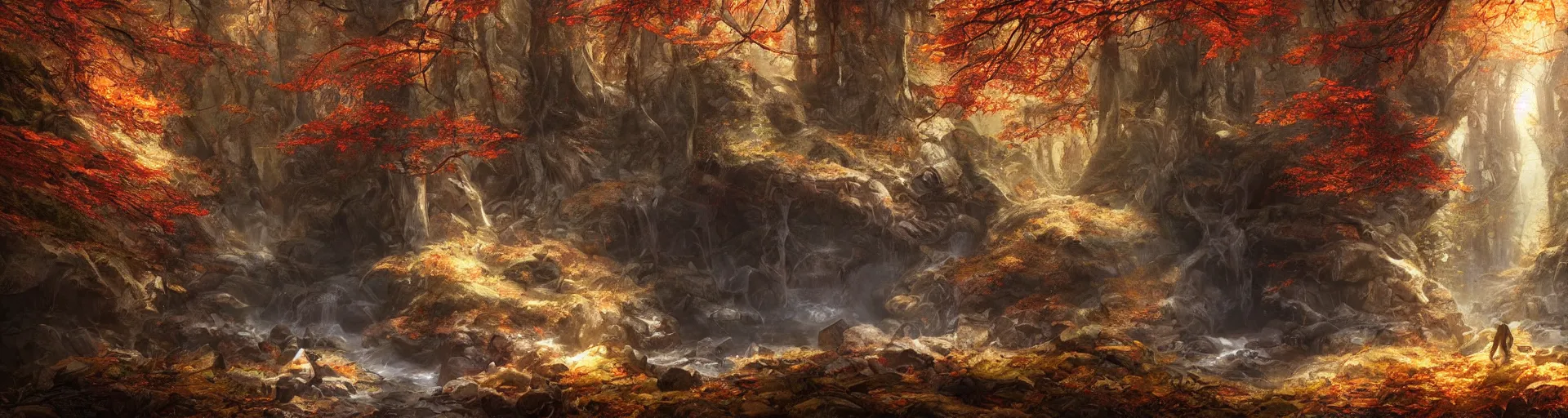 Image similar to cave in autumnal forest, d & d, fantasy, portrait, highly detailed, digital painting, trending on artstation, concept art, sharp focus, illustration, art by artgerm and greg rutkowski and magali villeneuve