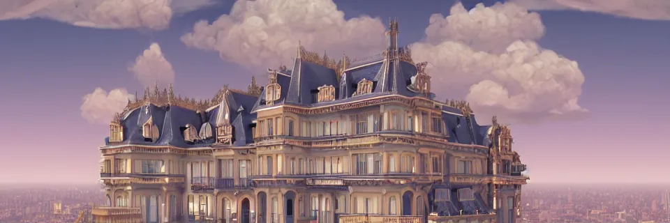 Prompt: beautiful digital illustration of a towering Art Nouveau palace in the sky, realistic clouds, pastel color scheme, concept art, deviantArt, artsation, artstation HQ, HD, 16k resolution, octane, finalRender, Unreal Engine