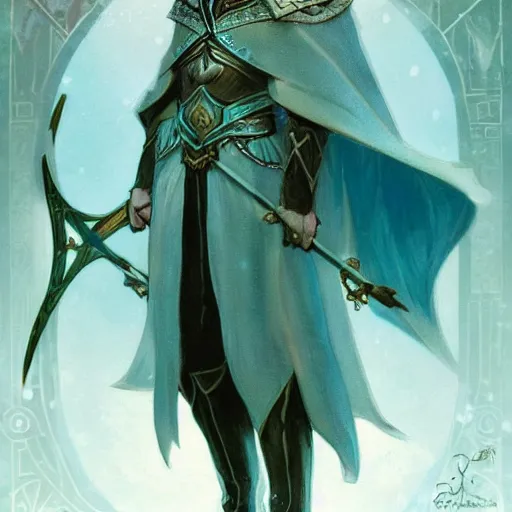 Prompt: an epic concept art of a handsome snow elf in a turquoise cape and silver armour, bow and arrow, albino skin, winter vibes, elegant, very coherent symmetrical artwork, rule of thirds, by ralph hosley and alphonse mucha and charlie bowater, sharp focus, trending on artstation