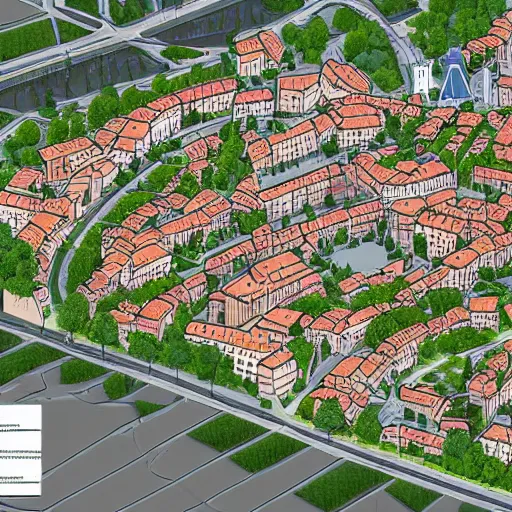 Image similar to an axonometric of albi, city from the south of france, highly detailed,