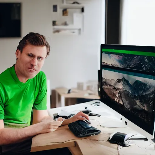 Image similar to caucasian man with green shirt sitting in front of computer with camera! mounted on top