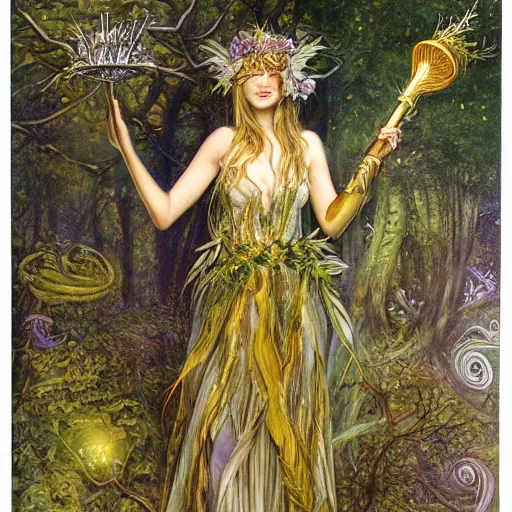 Image similar to fey queen of the summer forest, dress of leaves, fine features, holding a golden scepter, thin, young, silver shimmering hair, by brian froud, dusk scene, night colors, oil on canvas, oil panting