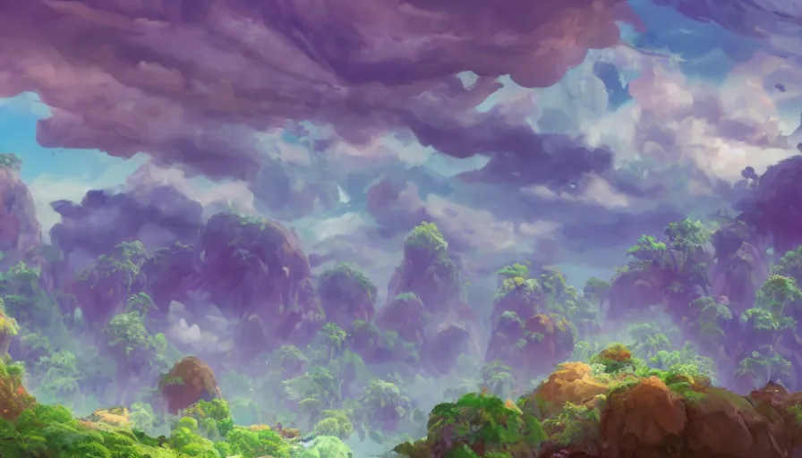 Image similar to beautiful stunning slightly cloudly sky with various differently colored floating islands made of dirt and sand and stone with many varied rainforest forest desert plants and few little animals, landscape, fantasy, concept art, unreal engine, painted in photoshop, krita, clip studio paint, procreate, mypaint, digital art, trending on artstation