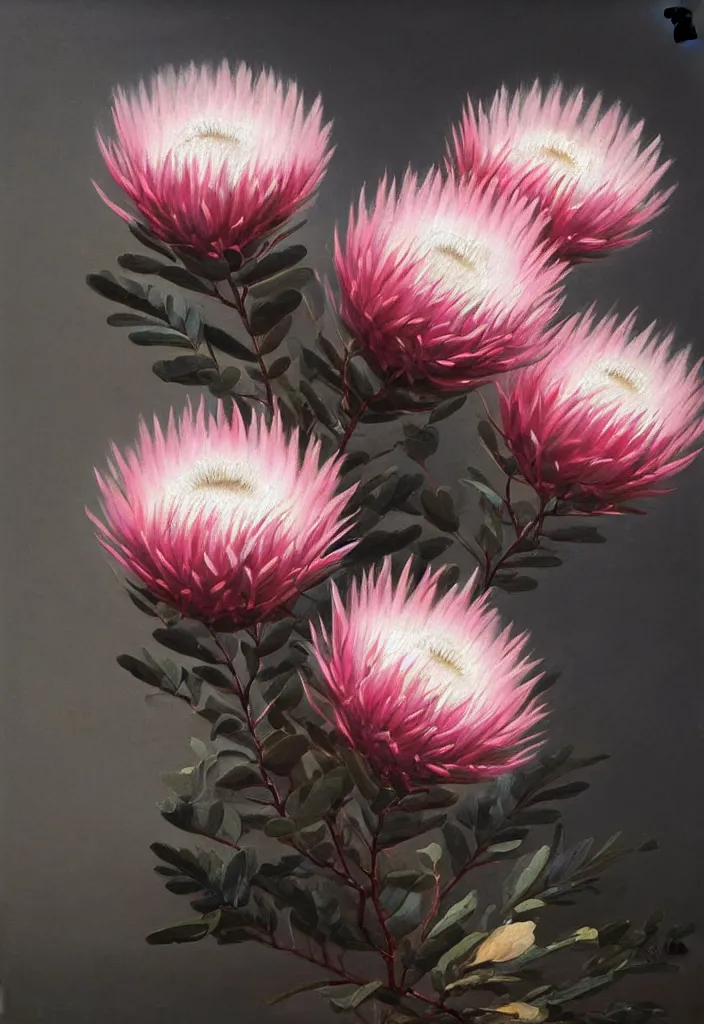 Image similar to detailed pink and white proteas against a black backdrop by ivan aivazovsky, detailed brush strokes, oil painting,, muted colours, artstation