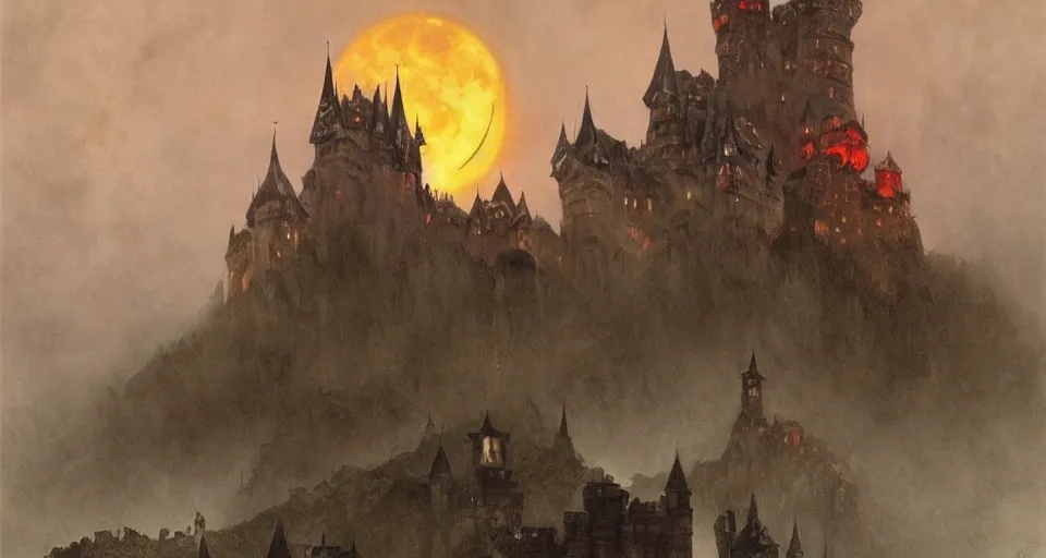 Image similar to dracula's castle rising up from the mist at night silhouetted by a single huge bloodmoon, anders zorn, stephen hickman, thomas kincade, brutalist, James Paick, Julian Falat, ultra realistic, trending on artstation, lava, dungeons and dragons, warm saturated colors, spooky, haunted