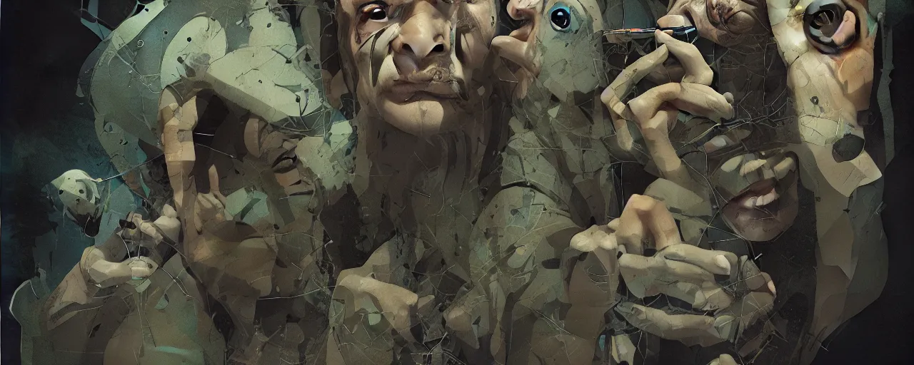 Image similar to duotone olive illustration 3 / 4 portrait of gollum drinking yerba mate from metal cup symmetrical composition accidental renaissance golden ratio. by sachin teng and sergey kolesov and ruan jia and heng z. graffiti art, scifi, fantasy, hyper detailed. octane render. concept art. trending on artstation