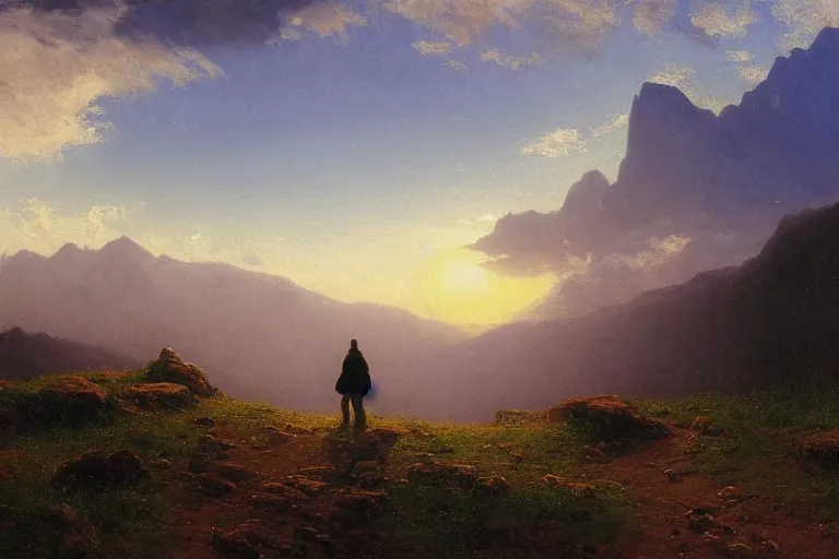 Prompt: a traveler wandering trough the mountains looking at the clouds, very detailed, focused, oil painting, cinematic lighting, albert bierstadt, trending on artstation, colorful, canvas, sunset, hans dahl, theodor kittelsen, hermann hendrich, national geographic, Konstantin Yakovlevich Kryzhitsky, beautiful nature, breathtaking