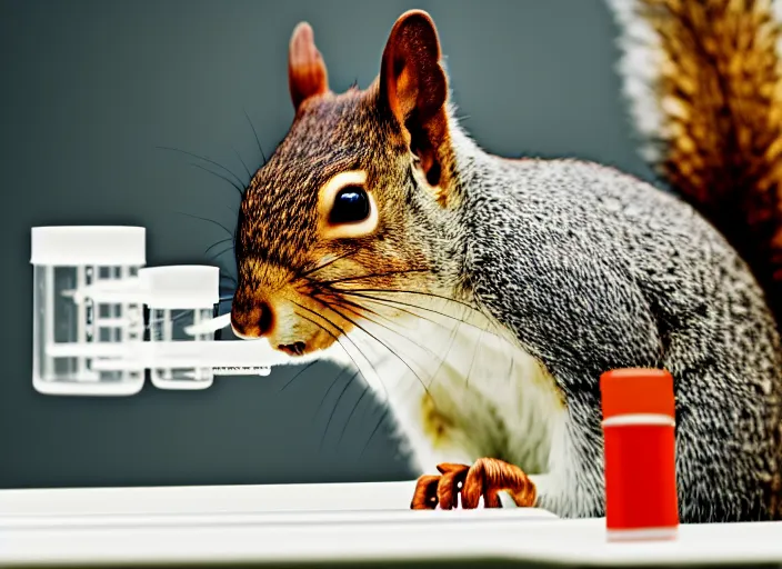Prompt: film still of a squirrel working in a research lab filling test tubes, 8 k