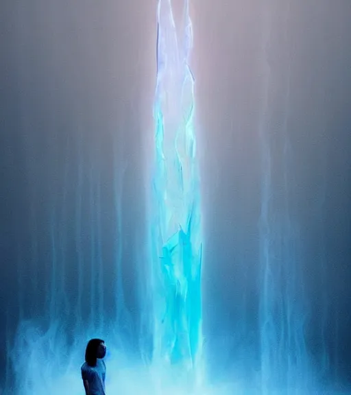 Image similar to lokah samastah sukhino bhavantu vertical blue light, iphone 1 3 pro max, painting art, volumetric lighting, majestic light, ethereal, hyperrealistic, at night, epic, masterpiece, by reuben wu