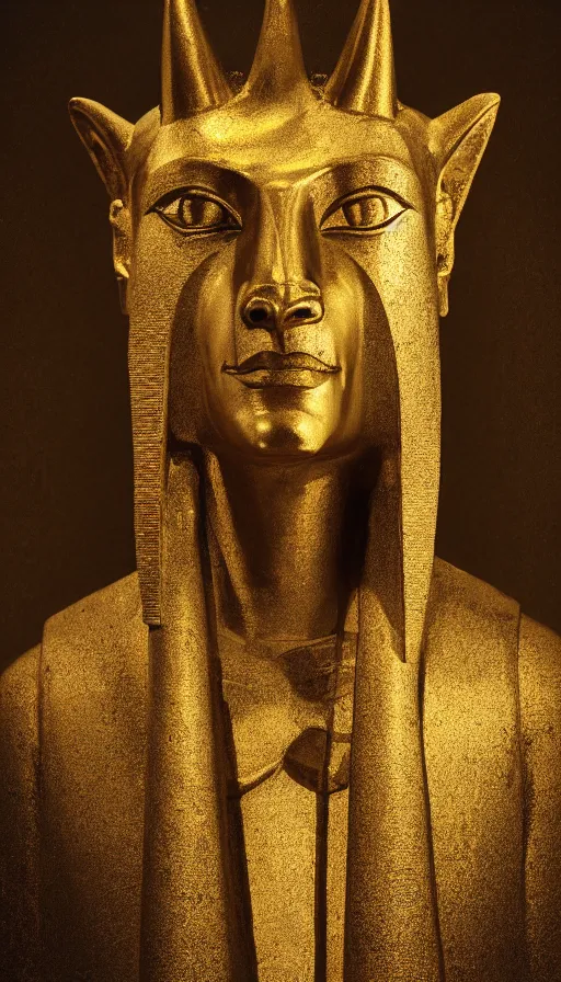 Prompt: a portrait of a statue of the Egyptian god Anubis wearing a gold-rimmed toga. Dark cavern is in the background. In the style of Lee Jeffries