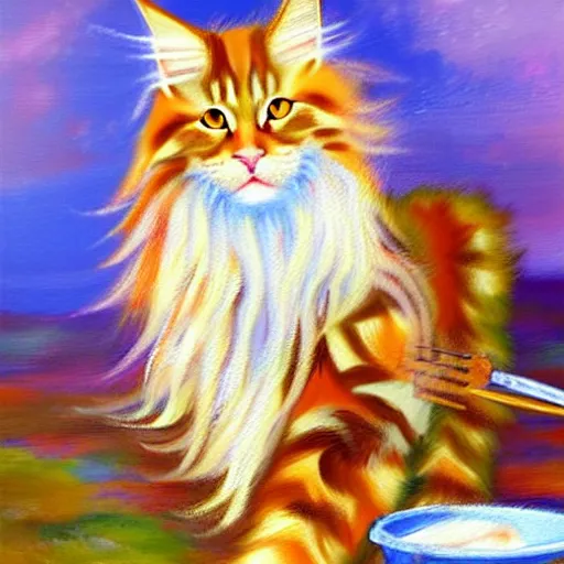 Image similar to beautiful impressionist painting of an ginger maine coon with a white beard cooking some sausages on a pan