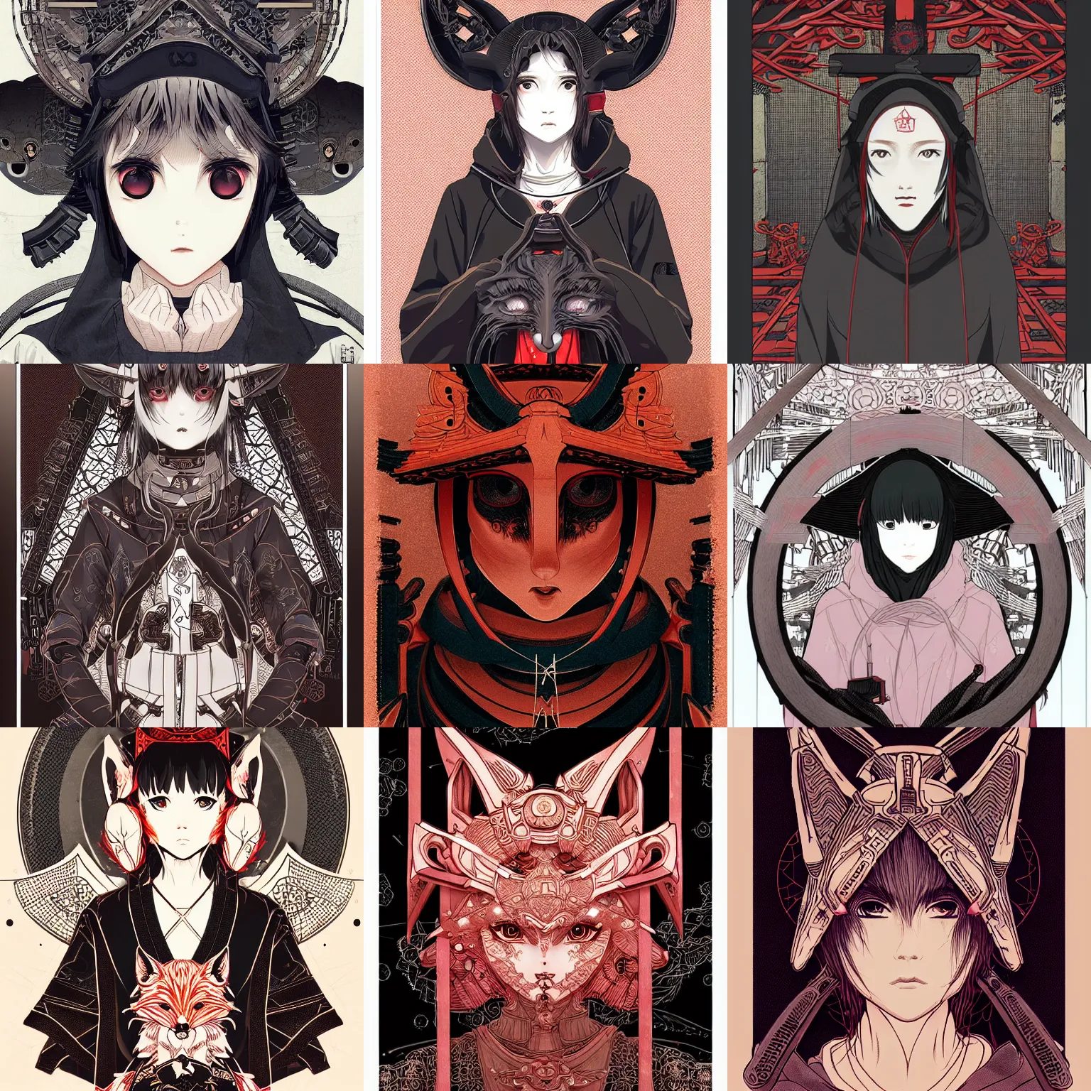 Prompt: techwear occultist, torii, shrine, inari shrine, miko, fox ears, beautiful, detailed symmetrical close up portrait, intricate complexity, in the style of kyoto animation key visuals and takato yamamoto, artgerm, cel shaded