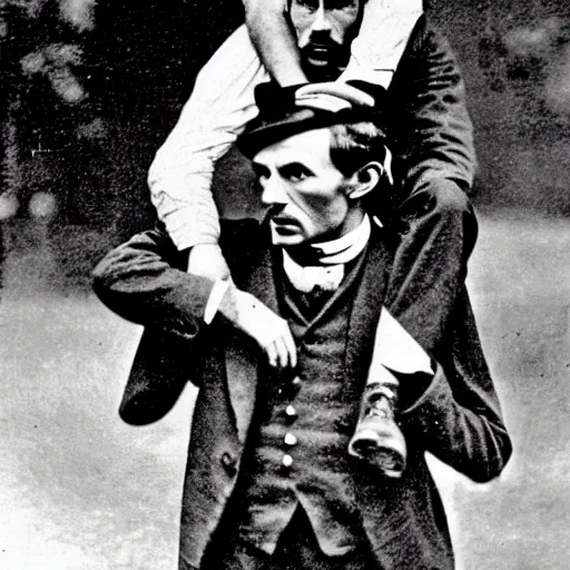 Image similar to Sherlock Holmes carrying Dr Watson on his back in the style of Sidney Paget